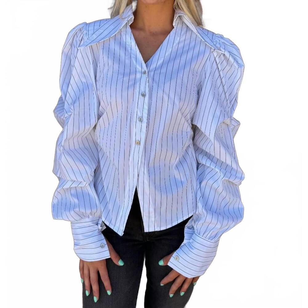 NEW BEULAHSTYLE puff sleeve pinstripe shirt in white